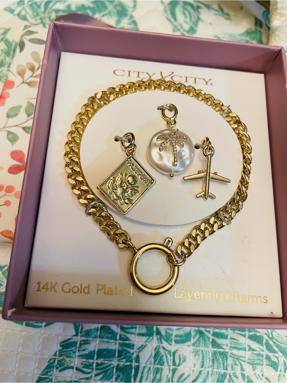 Gold Plated Charm Bracelet with Pearl and Palm Charm (Retails $40)